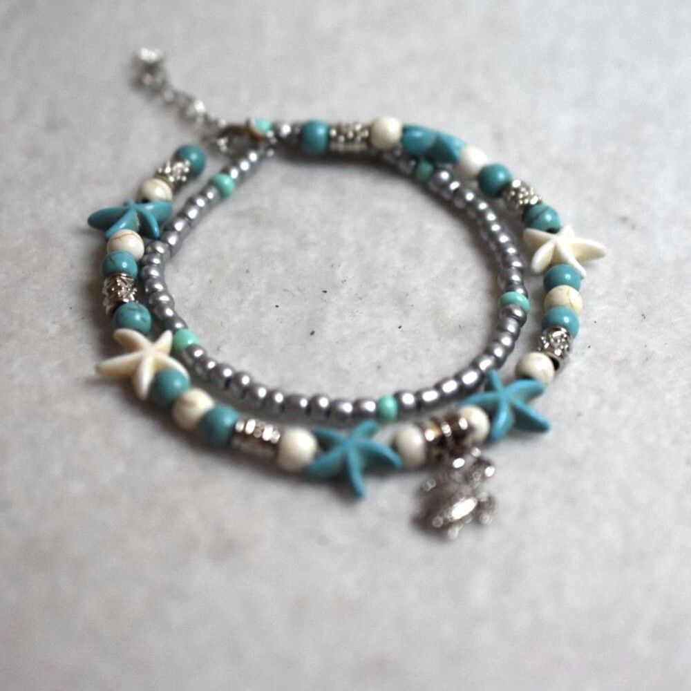 Beachy Blue/Silver Tone/White Double Beaded Turtle Charm 8 Inch Anklet Bracelet